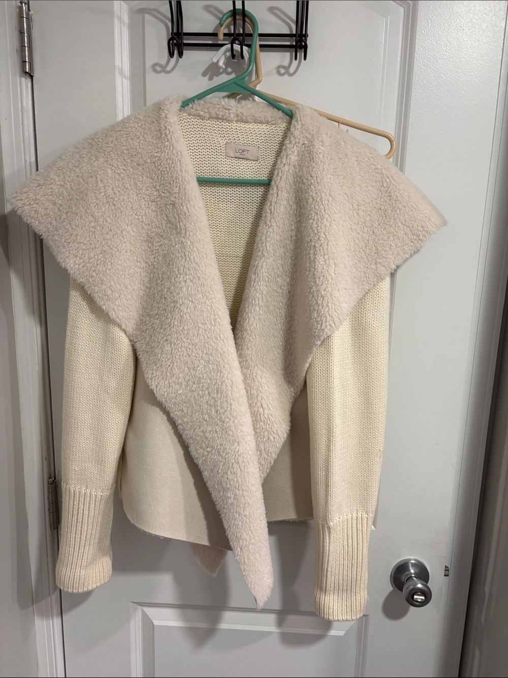 LOFT Cream Open-Front Cardigan with Plush Shawl Collar